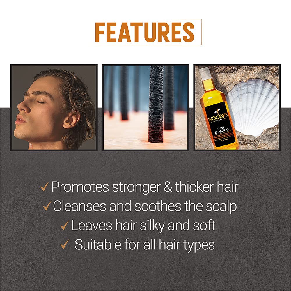 Woody's Daily Shampoo para hombres, nutrición con vitaminas B5 y E para cabello saludable.