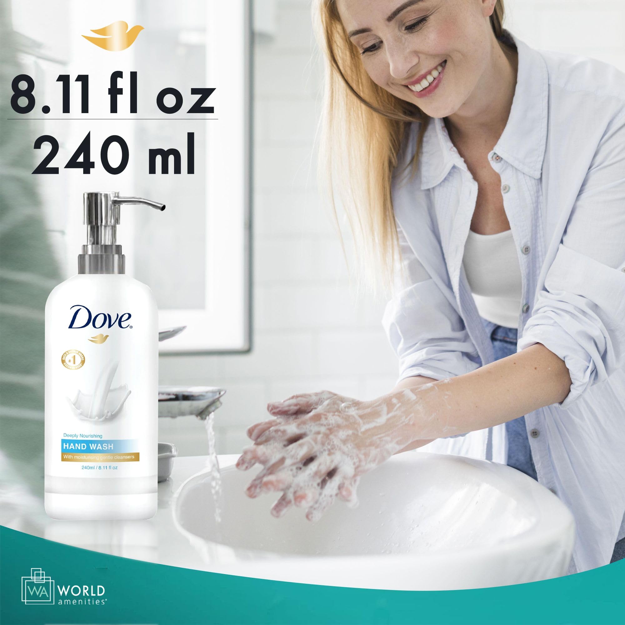 World Amenities Dove Jabón de Manos, presentación con dispensador práctico para entornos comunitarios.