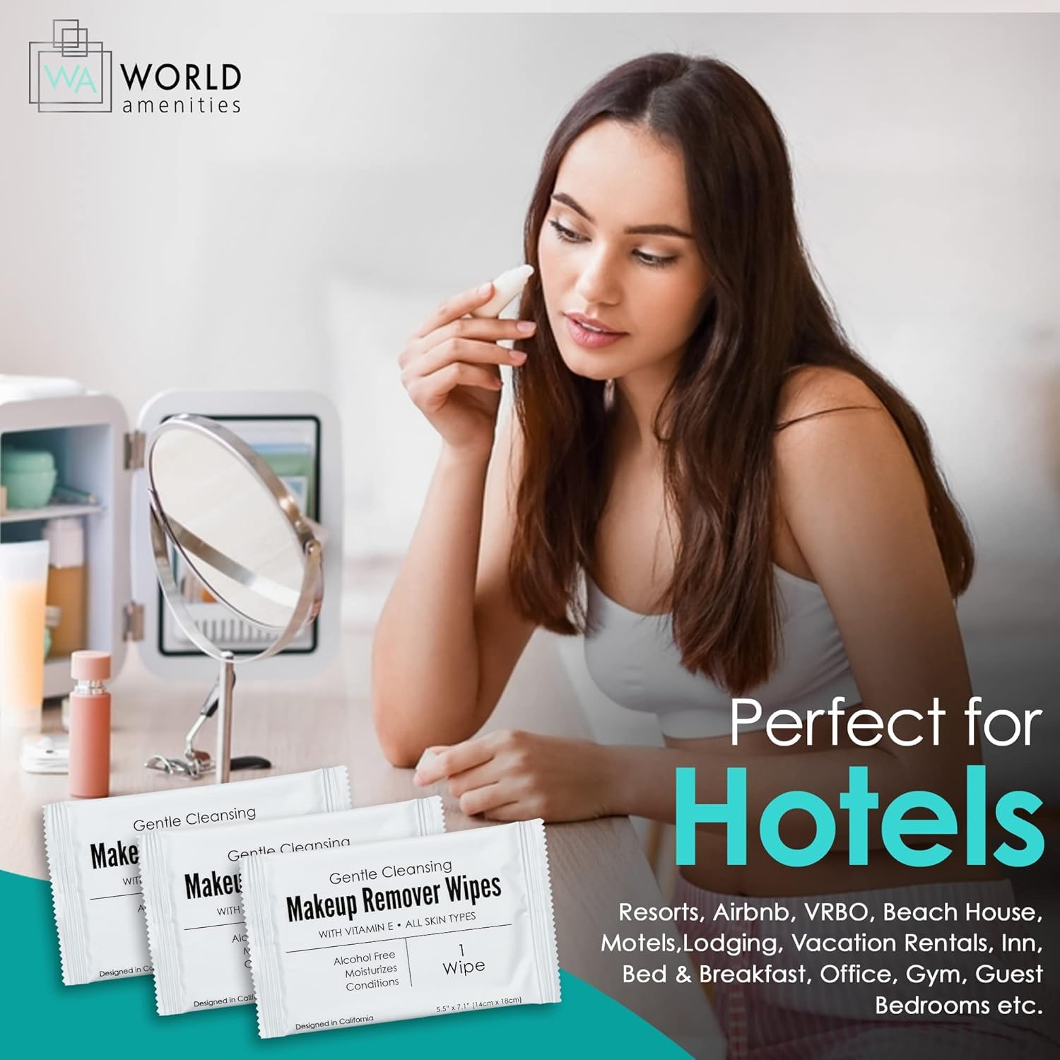 World Amenities large plush wipes gently remove makeup for quick on-site cleansing.