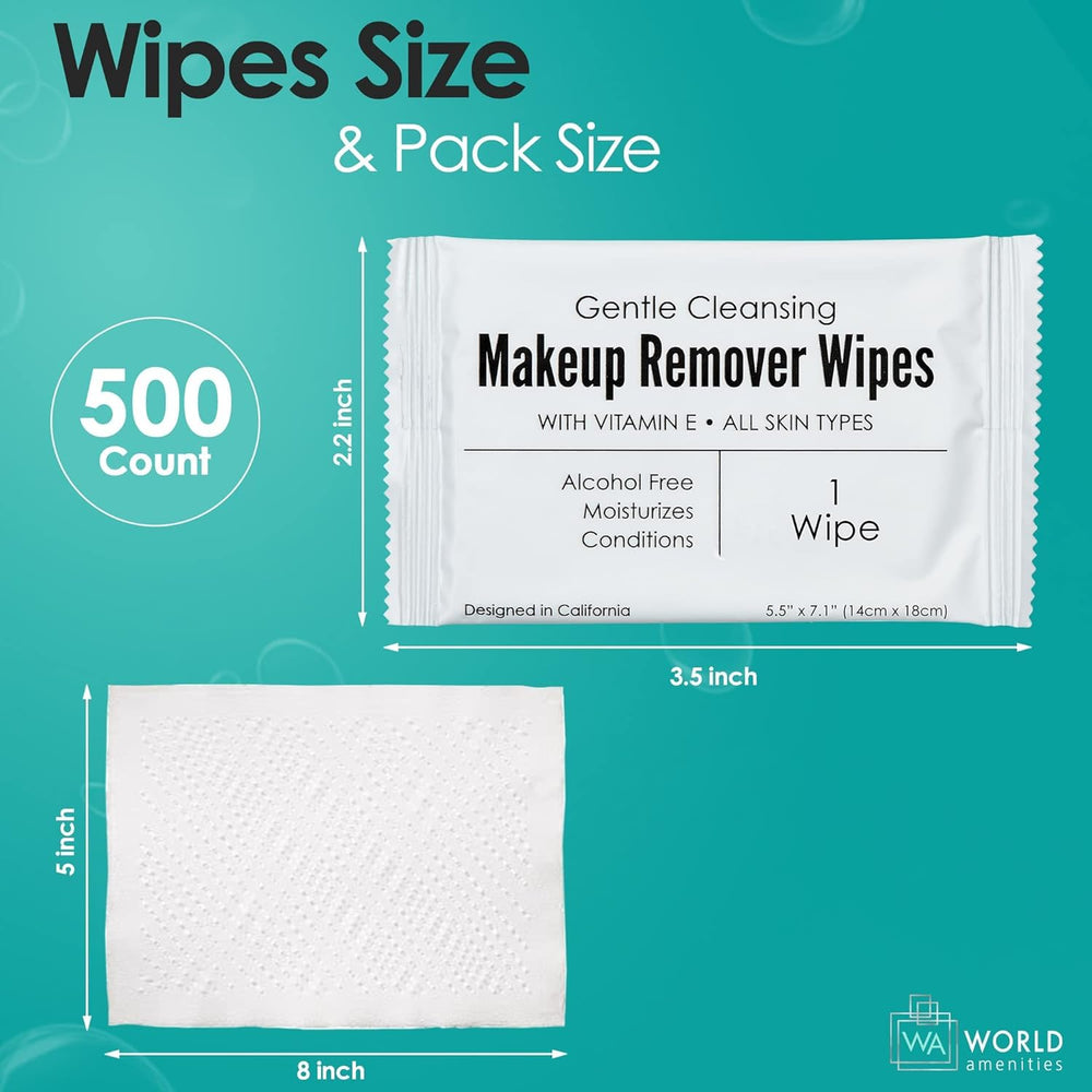 World Amenities oversized wipes saturated with vitamin E for refreshed skin.