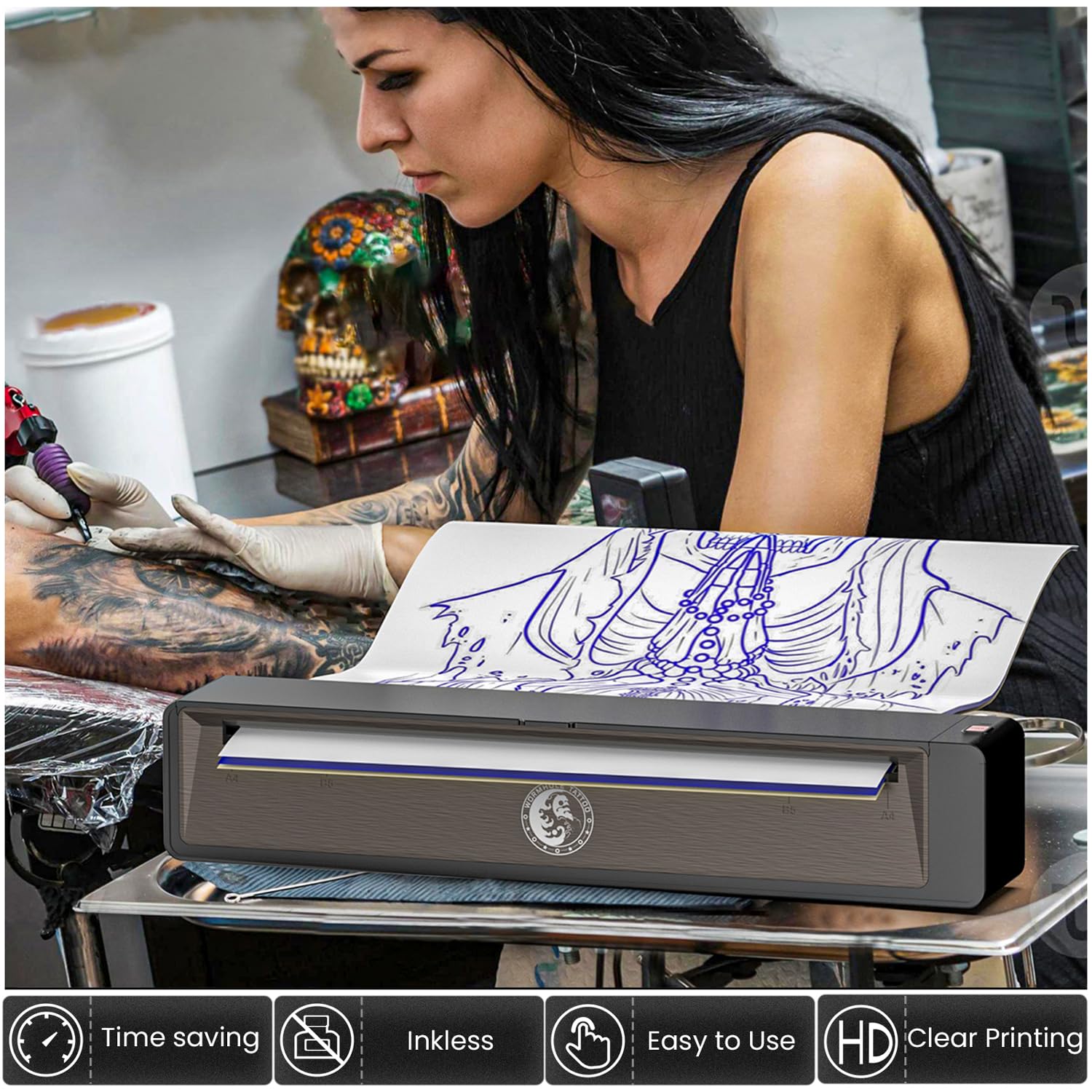 Wormhole Tattoo stencil printer Bluetooth connection in action, wireless printing made simple