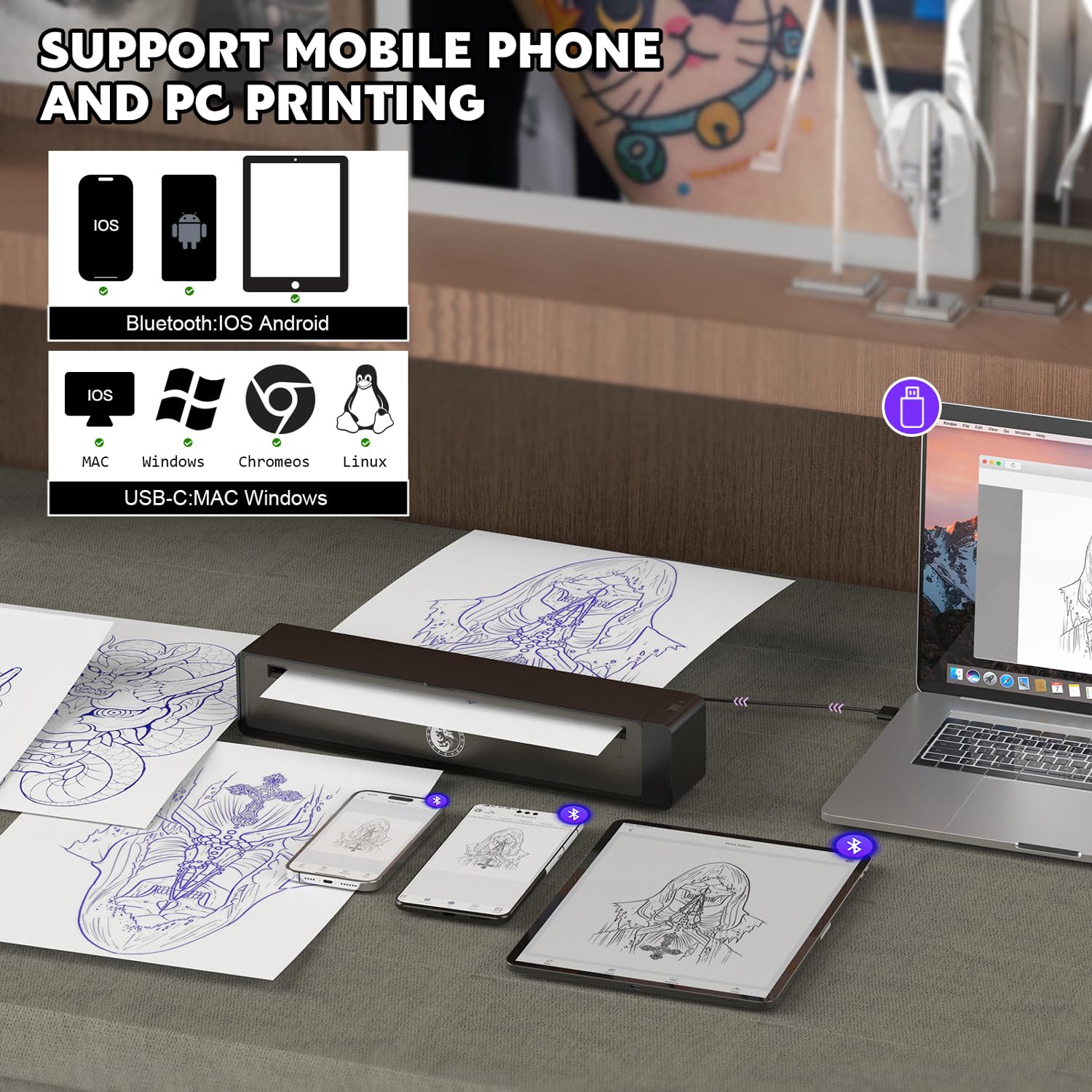 Wormhole Tattoo stencil printer in use with phone for quick design transfer