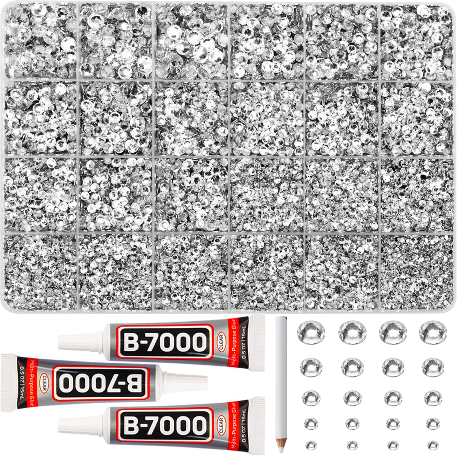 Worthofbest rhinestones organized in a 24-grid container for easy size selection and crafting.