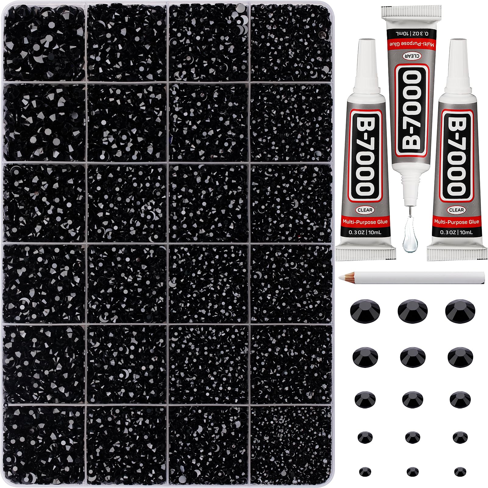 Worthofbest 33000Pcs black rhinestones kit close-up for DIY decor and clothing embellishment.