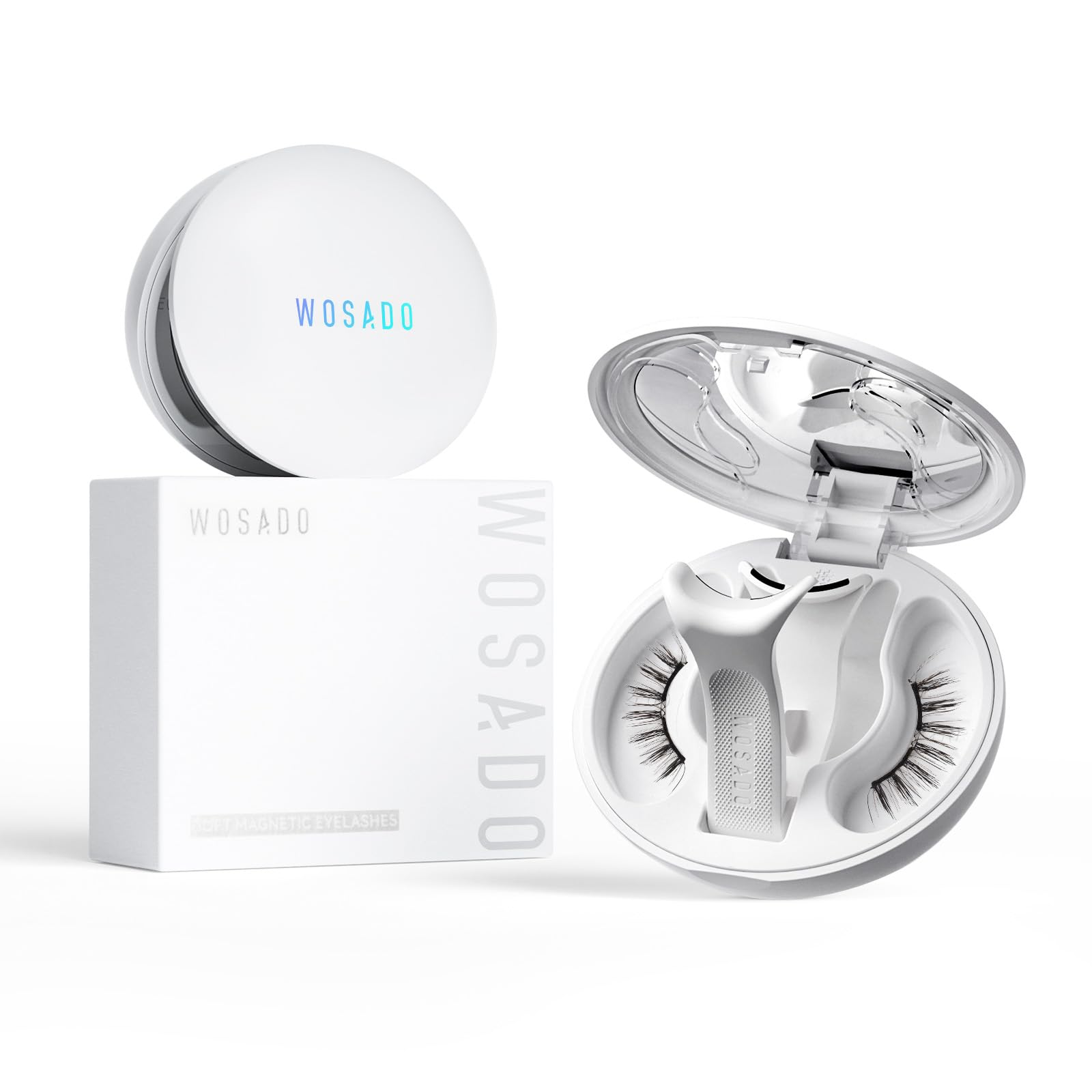 WOSADO magnetic eyelashes application showing quick, glue-free wear for natural enhancement.