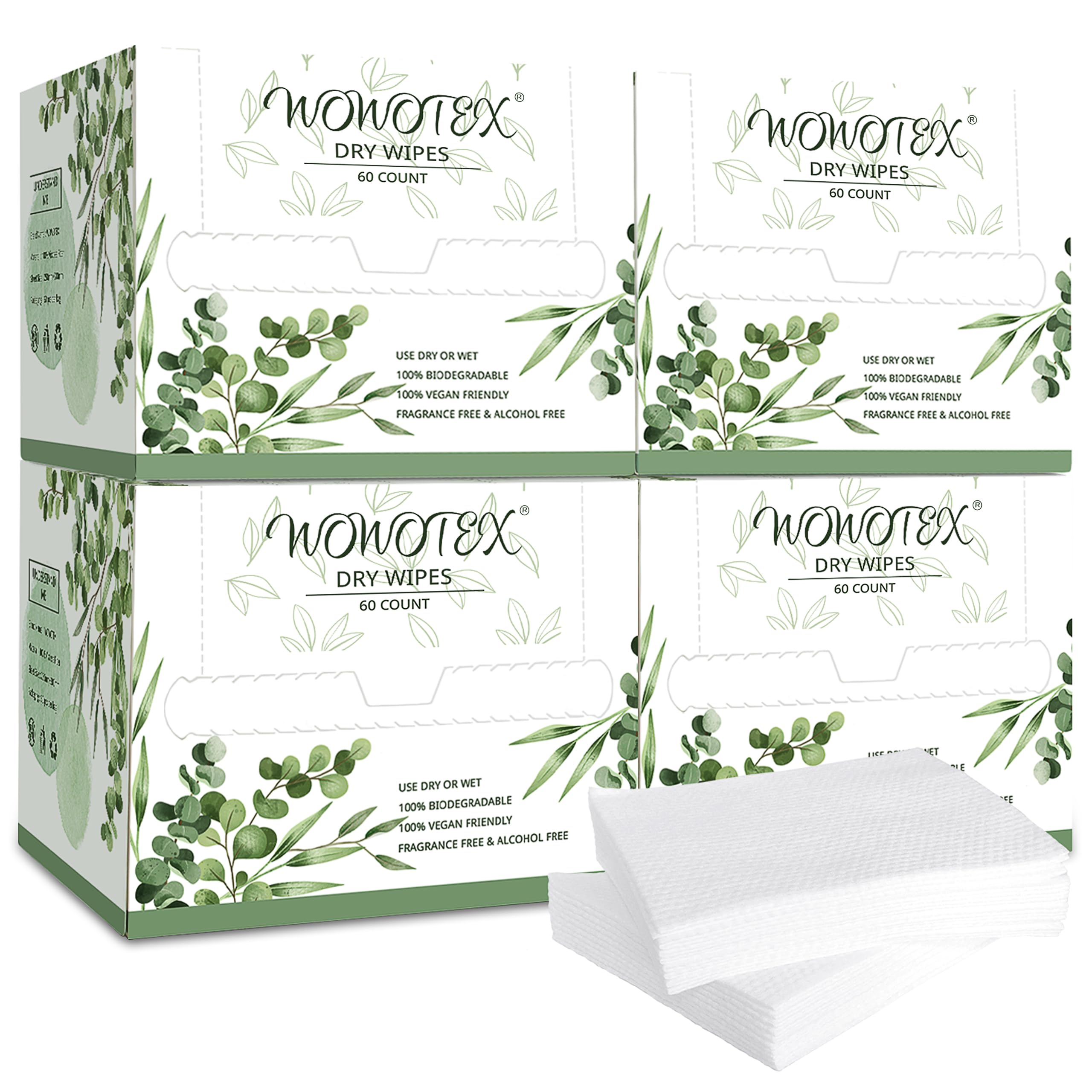 WOWOTEX disposable face towel box shows travel-friendly packaging for on-the-go cleansing.