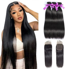 WOWQUEEN straight bundles closure 20 inch for natural daily wear.
