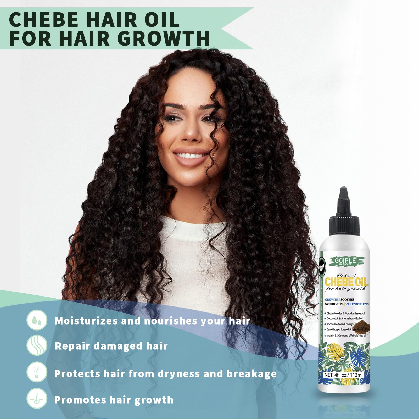 WOZUTUNT Chebe oil bottle highlights macadamia and jojoba ingredients