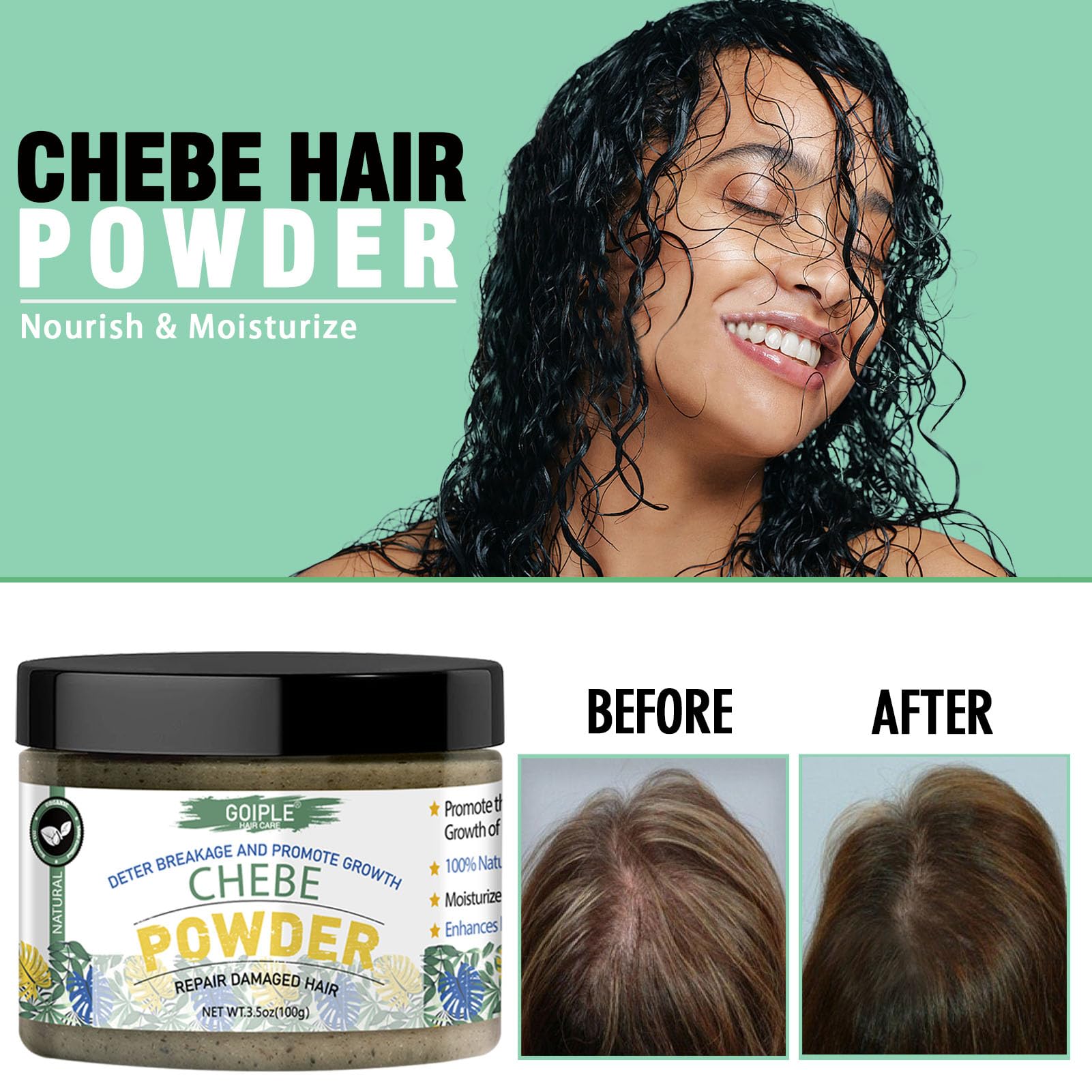 WOZUTUNT Polvo Chebe, ingredientes naturales para cabello más sano.