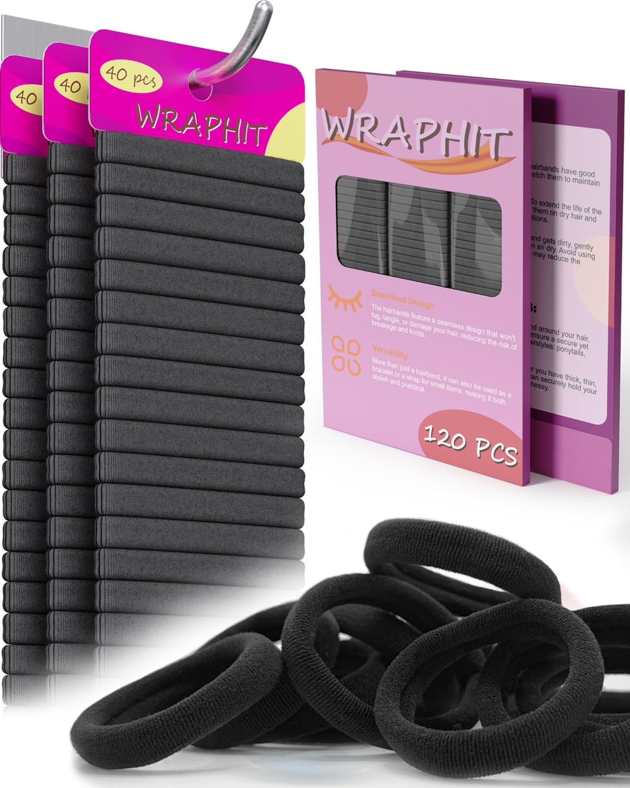 Wraphit hair ties in black packaging closeup showing no-damage design