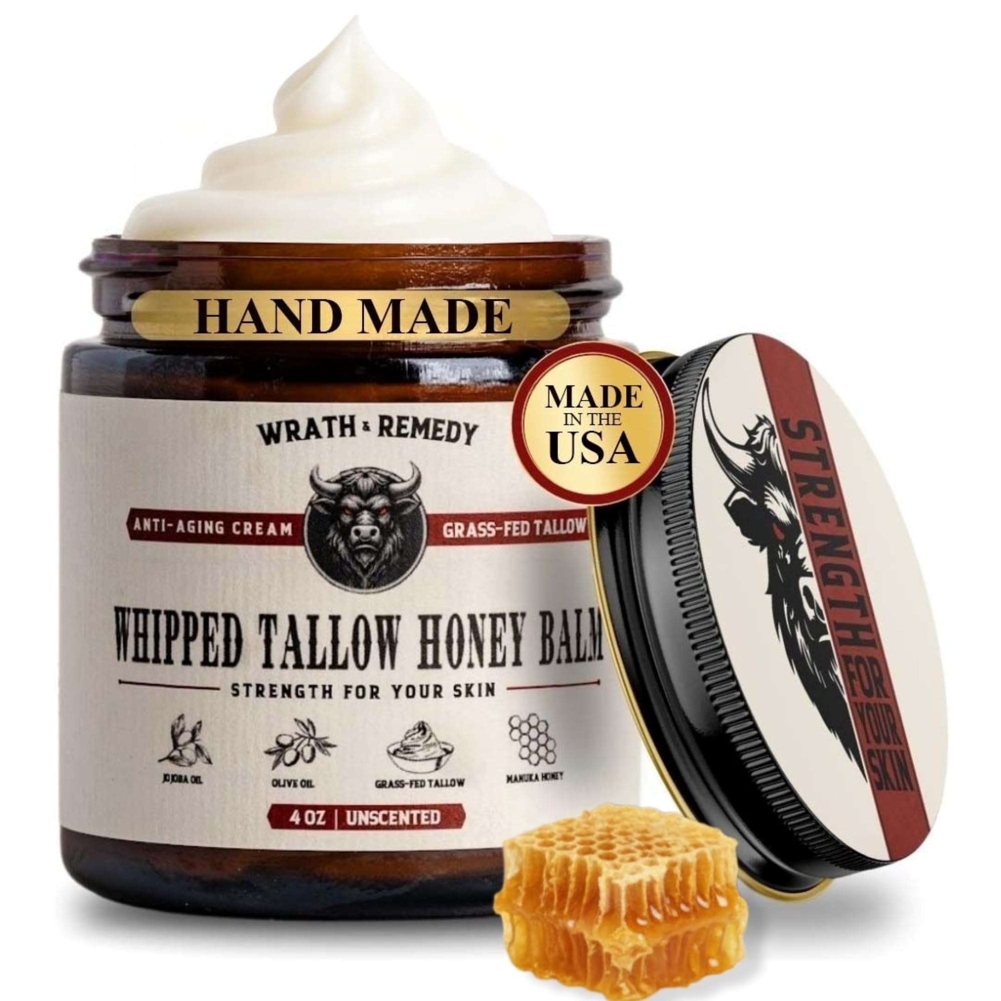 Wrath & Remedy beef tallow jar—unscented balm for deep skin hydration.