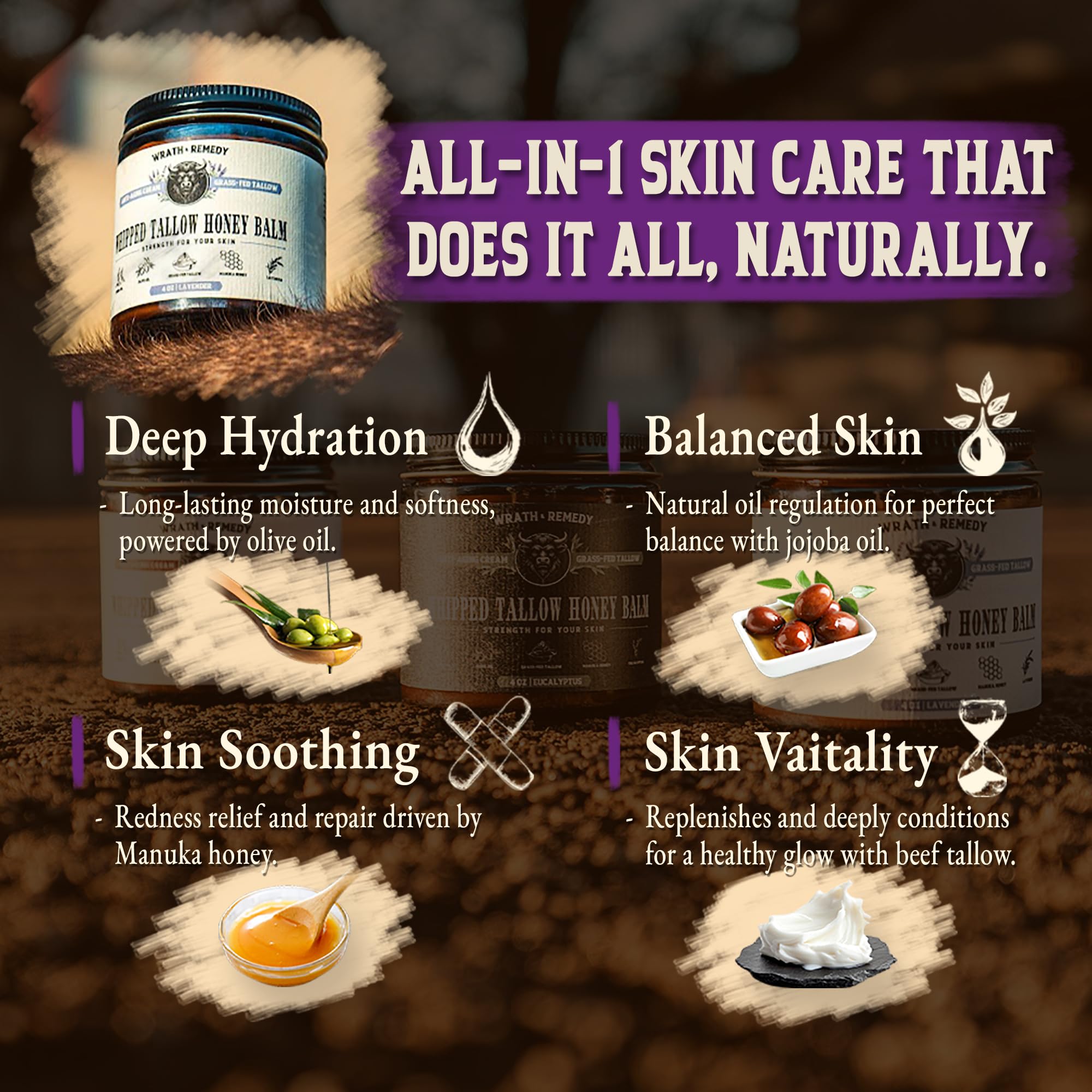 Wrath & Remedy Lavender balm jar showing easy, mess-free application and lasting moisture.
