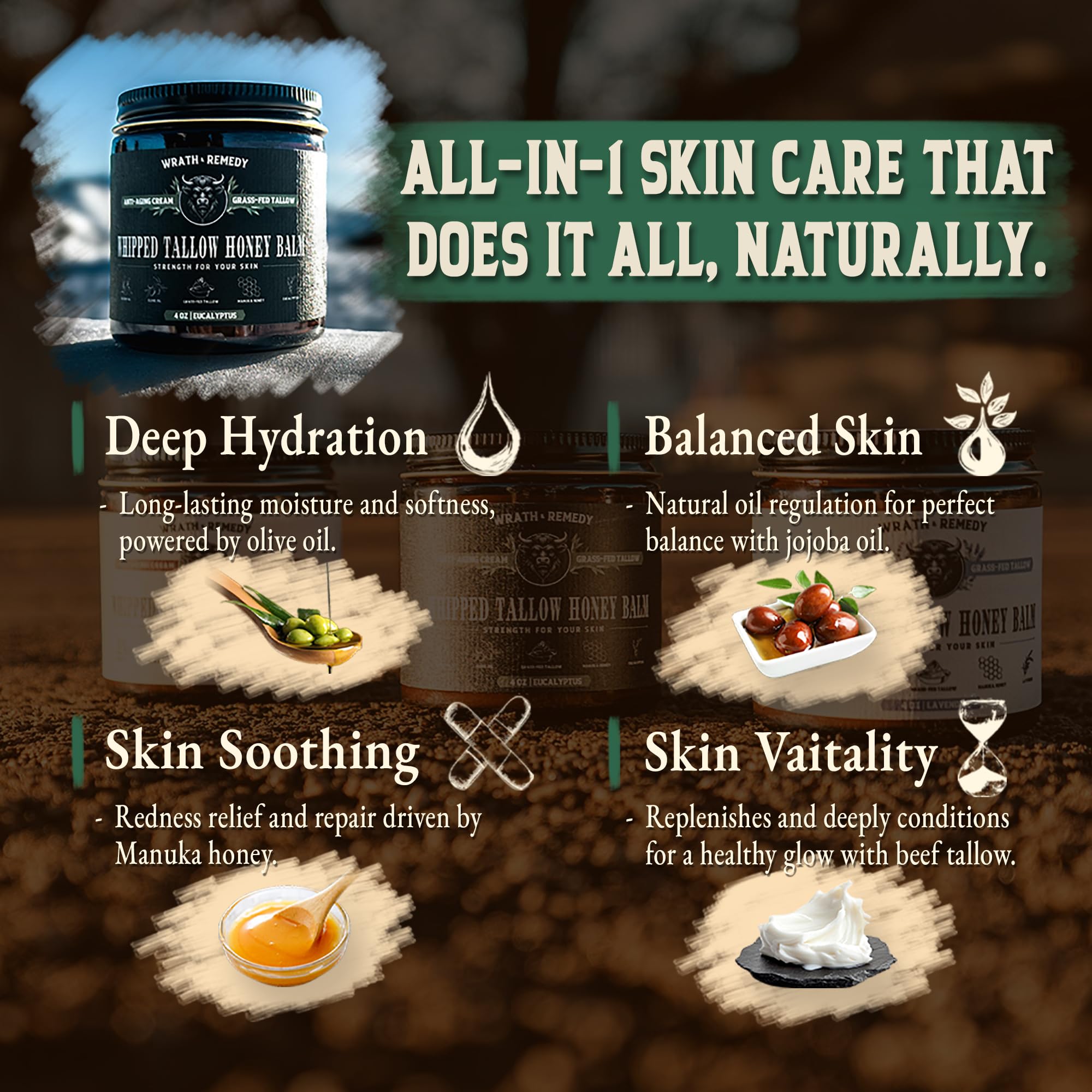 Wrath & Remedy grass-fed beef tallow with pasture imagery signaling quality.
