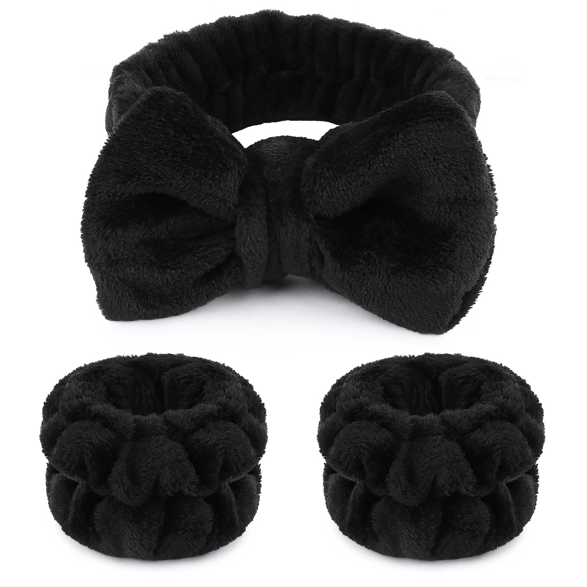 WSYUB makeup headband with fluffy black bow keeps hair away while applying makeup
