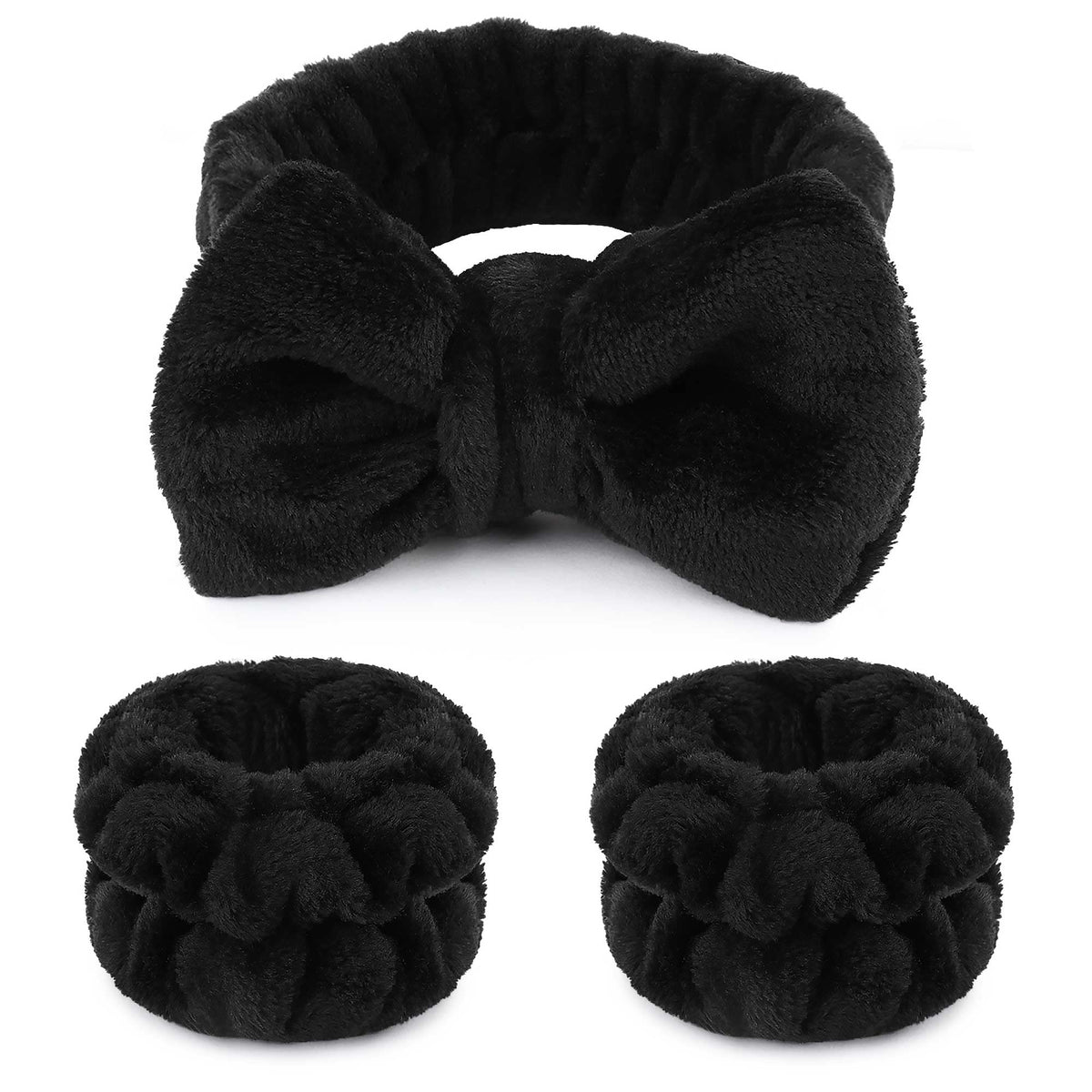 WSYUB makeup headband with fluffy black bow keeps hair away while applying makeup