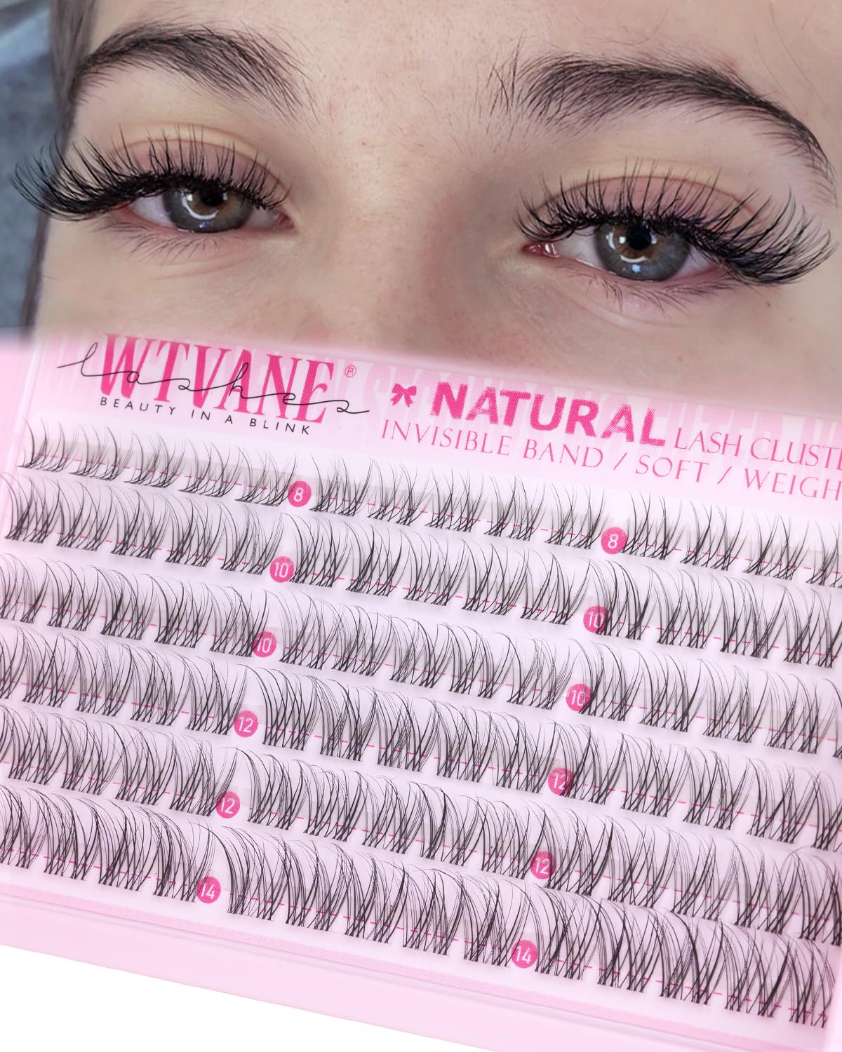 Wtvane Lash Clusters with clear band for a seamless lash line