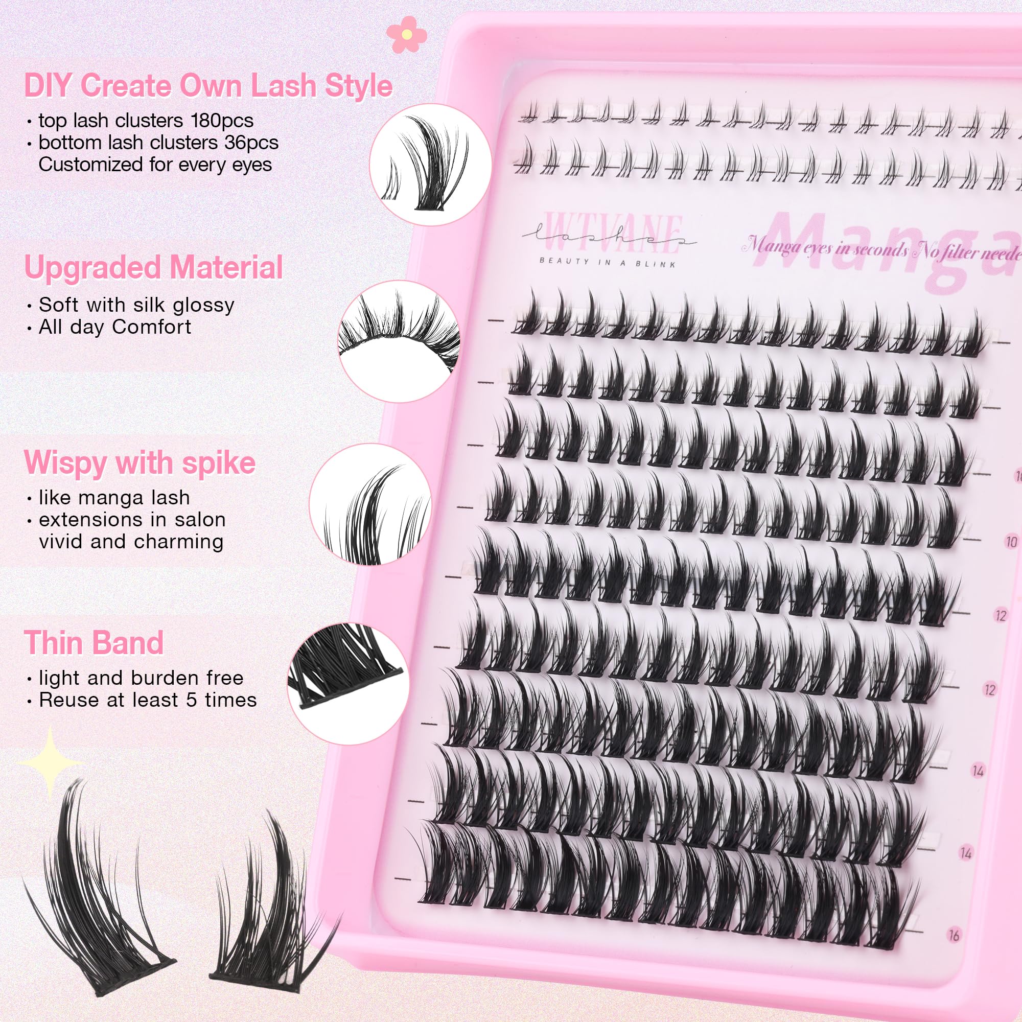 wtvane manga eye lash clusters spikes for editorial, dramatic anime-eye effect