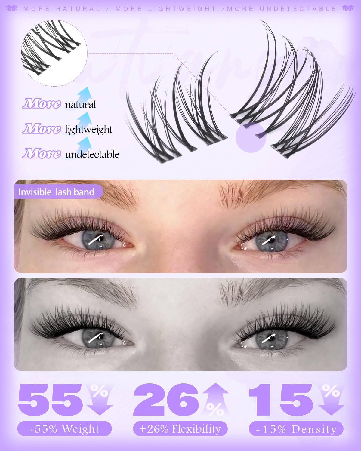 Wtvane Wispy Lash Clusters with invisible clear band blending with lashes.
