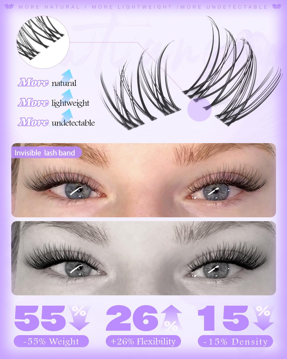 Wtvane Wispy Lash Clusters with invisible clear band blending with lashes.