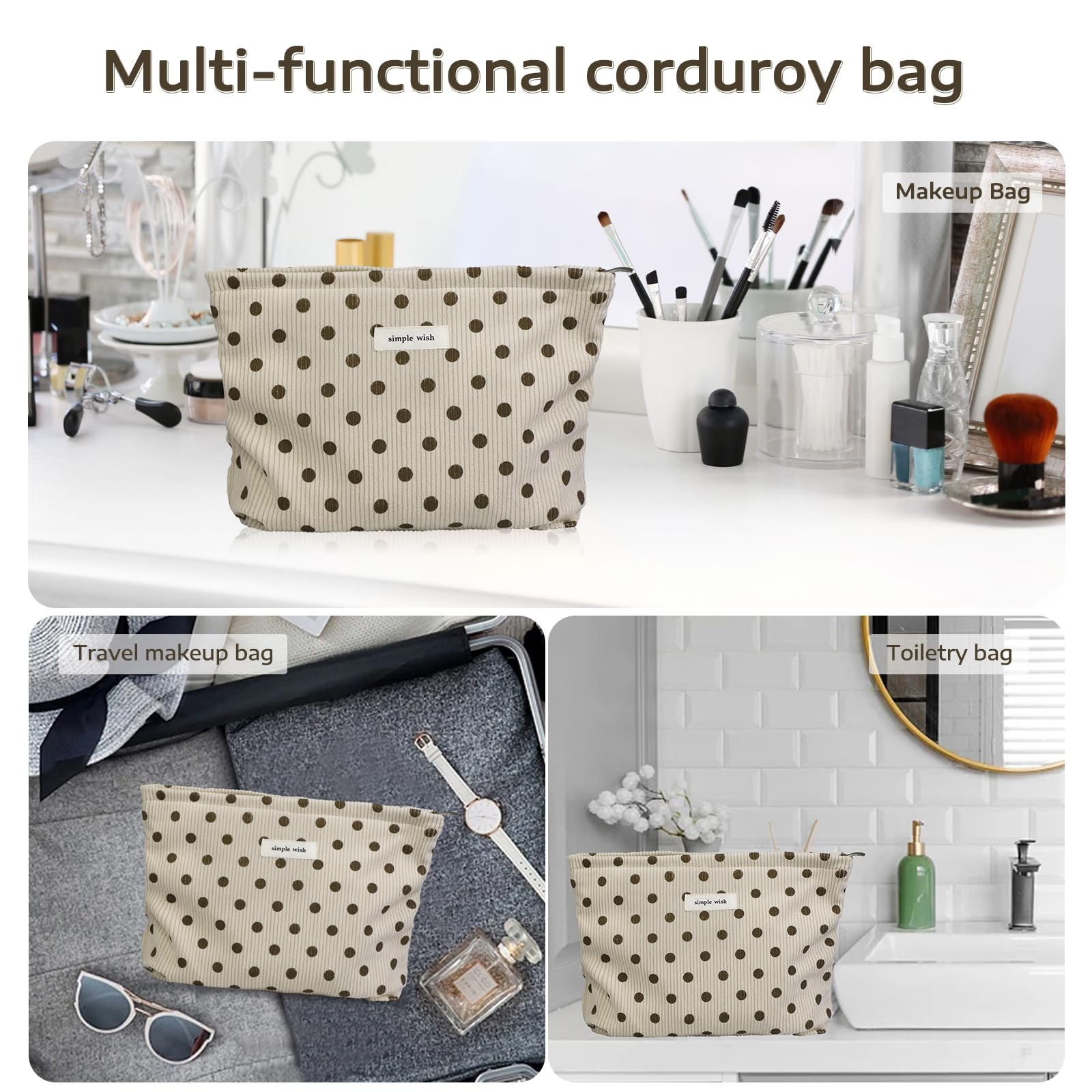 Wudygirl beige polka-dot bag shown on dresser.