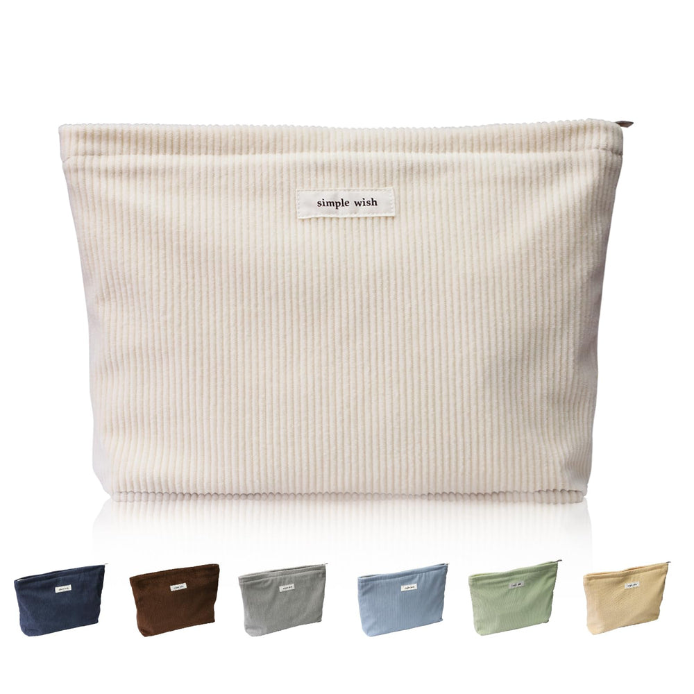 Wudygirl travel makeup bag in beige corduroy exterior offering stylish travel organization