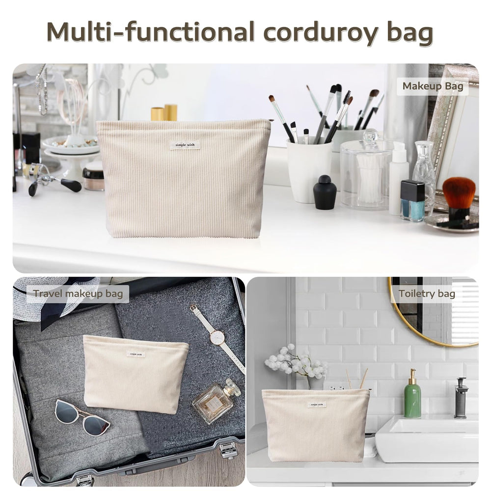 Wudygirl corduroy makeup bag shown with backpack for daily use