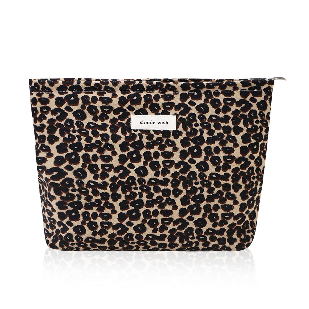 Wudygirl leopard makeup bag front view showing stylish design and large capacity