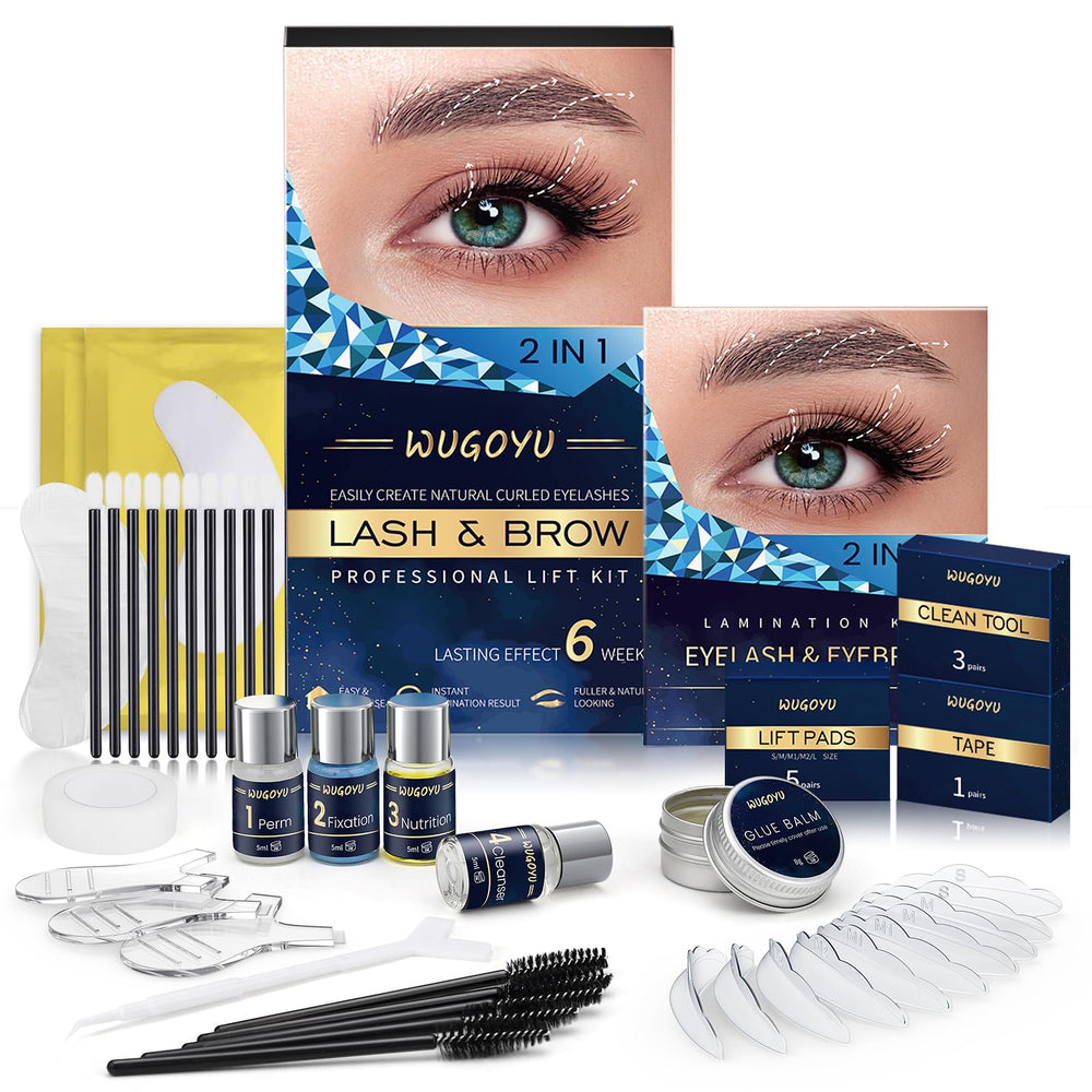 WUGOYU Lash Lift Kit packaging shows an at-home lamination setup for a salon-like look.