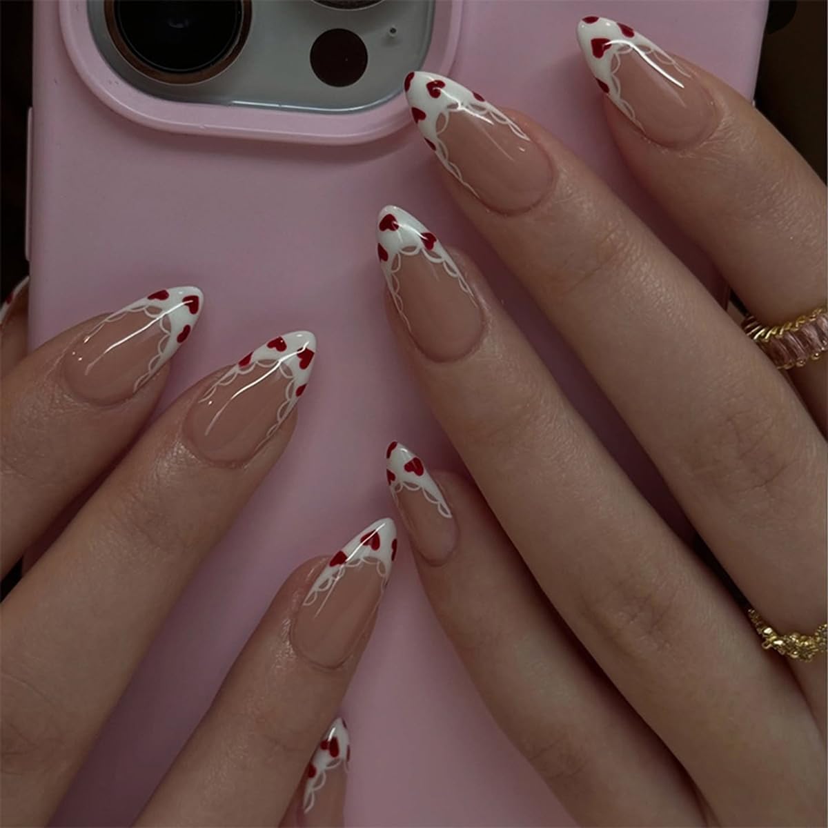 WUHCIM Valentines nails in short almond white lace for an elegant date-night look