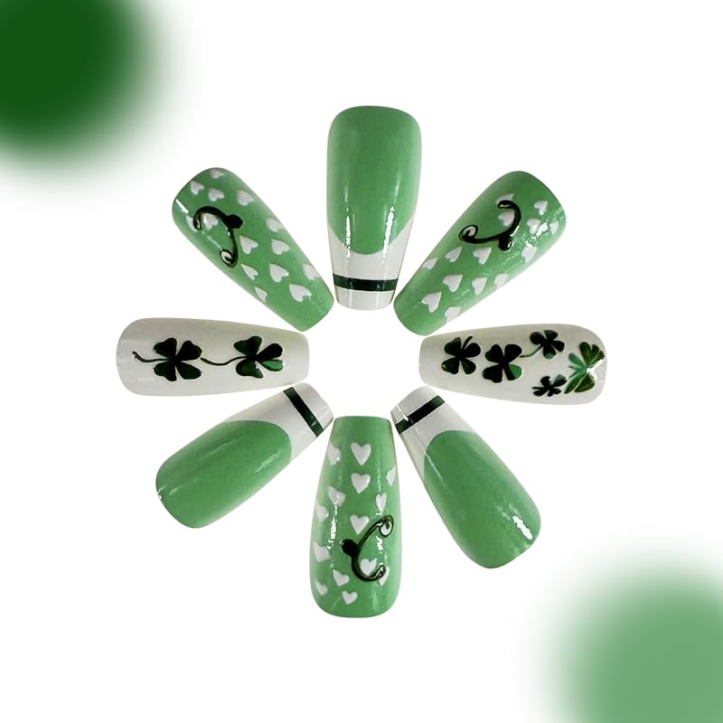 Uñas WULIUFLY Día de San Patricio, punta francesa verde para estilo elegante