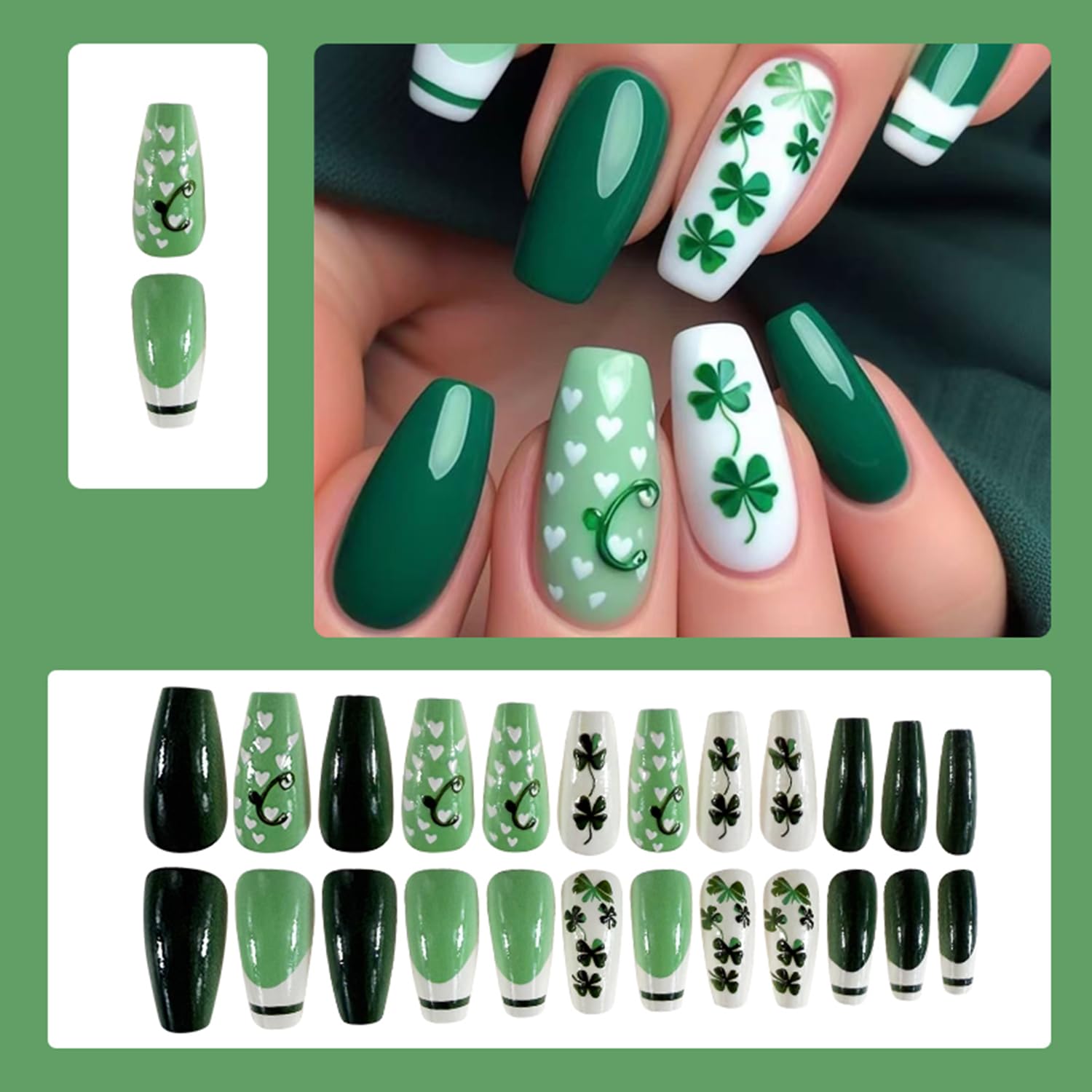 Uñas WULIUFLY Día de San Patricio, trébol verde para look festivo