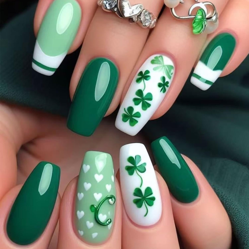 Uñas WULIUFLY Día de San Patricio verde, forma coffin, punta francesa, acabado brillante