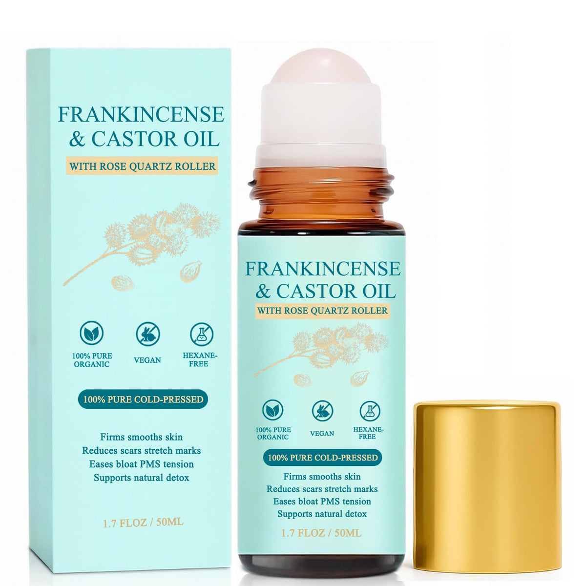 WVJIGE frankincense and castor oil rose quartz roller bottle for facial massage and glow.