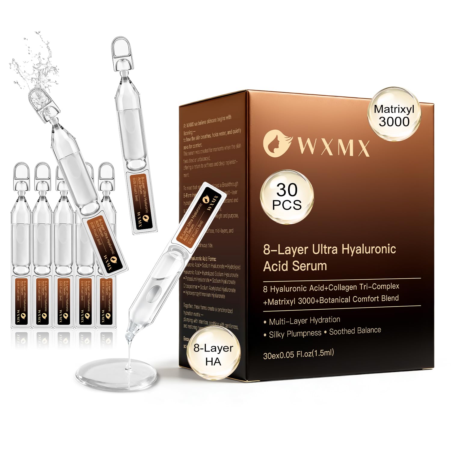 WXMX Ultra Hyaluronic Acid Serum: eight-layer hydration for dewy skin.