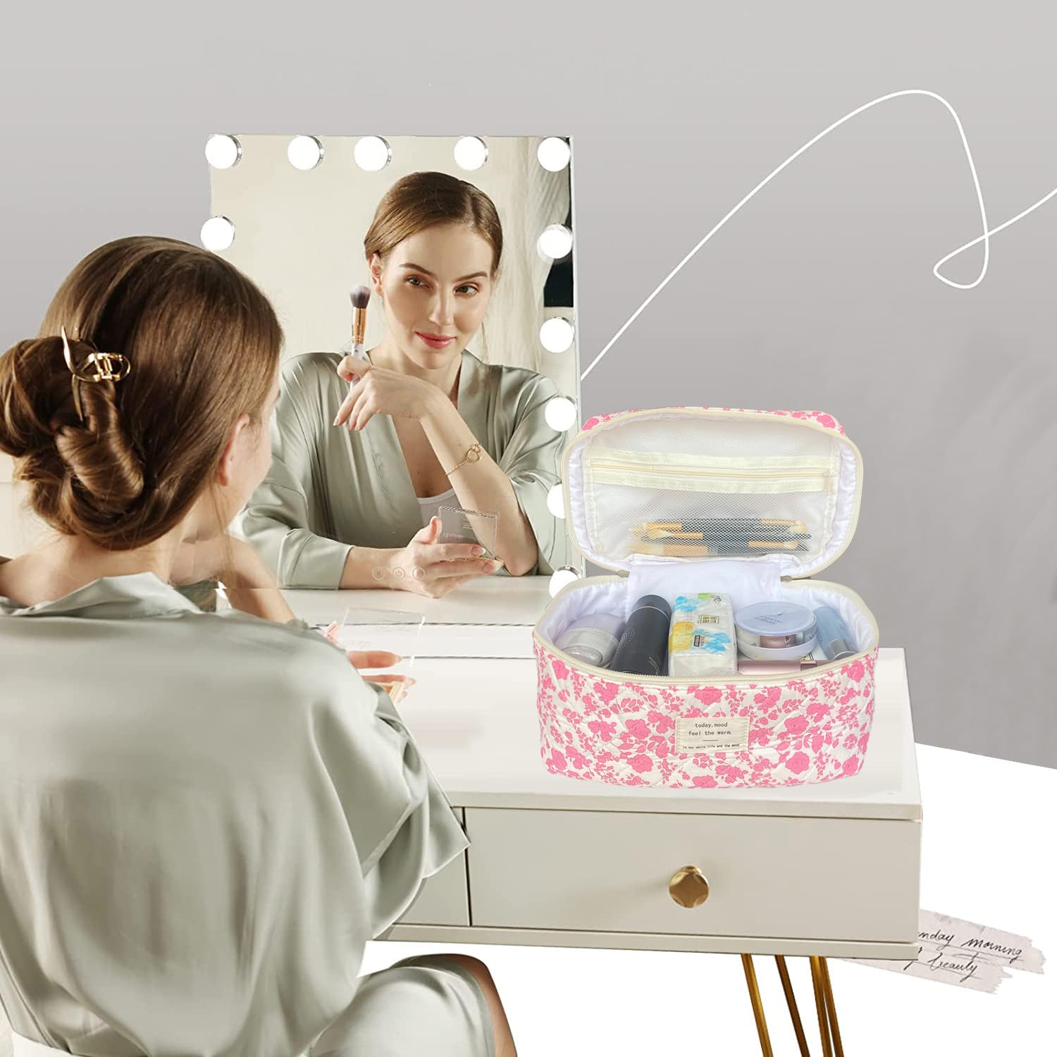 WYJ gift-ready cotton makeup bag with floral design.