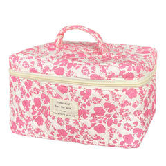 WYJ pink large quilted floral makeup bag keeps cosmetics organized on the go.