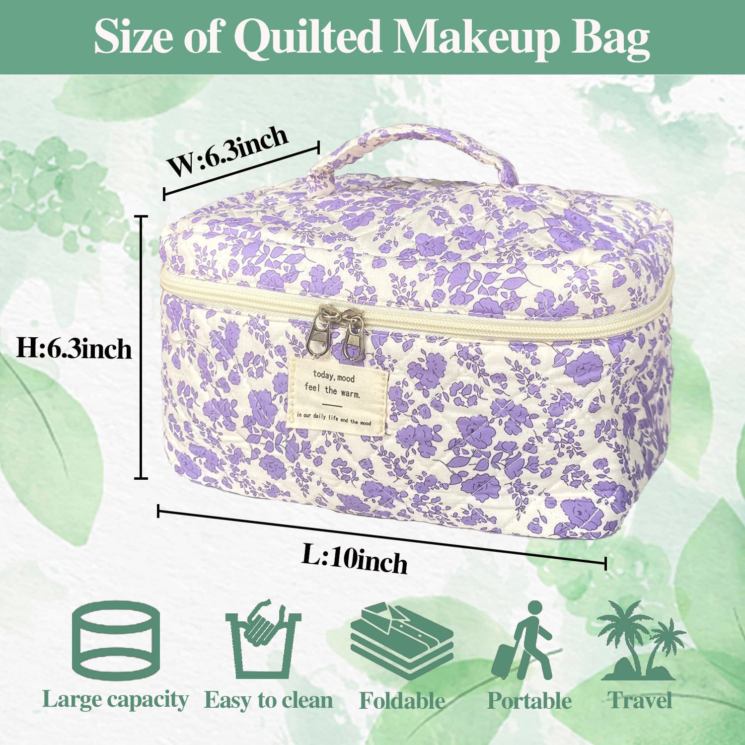 WYJ purple large quilted floral makeup bag closed zip for secure storage