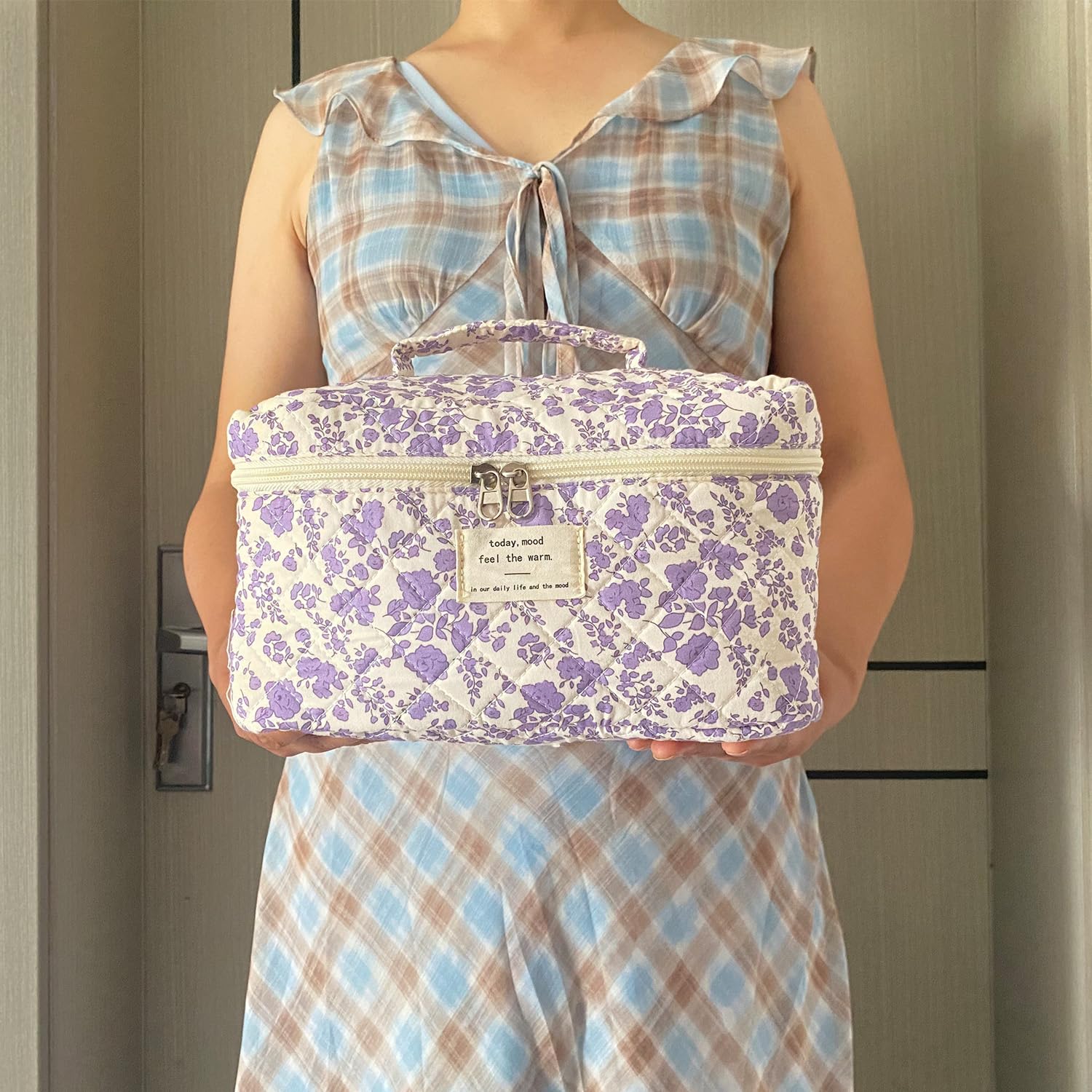 WYJ purple large quilted floral makeup bag folded compact for packing