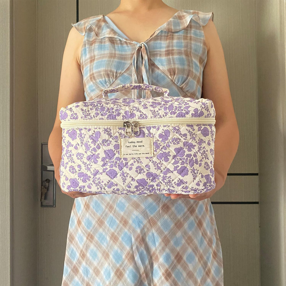 WYJ purple large quilted floral makeup bag folded compact for packing
