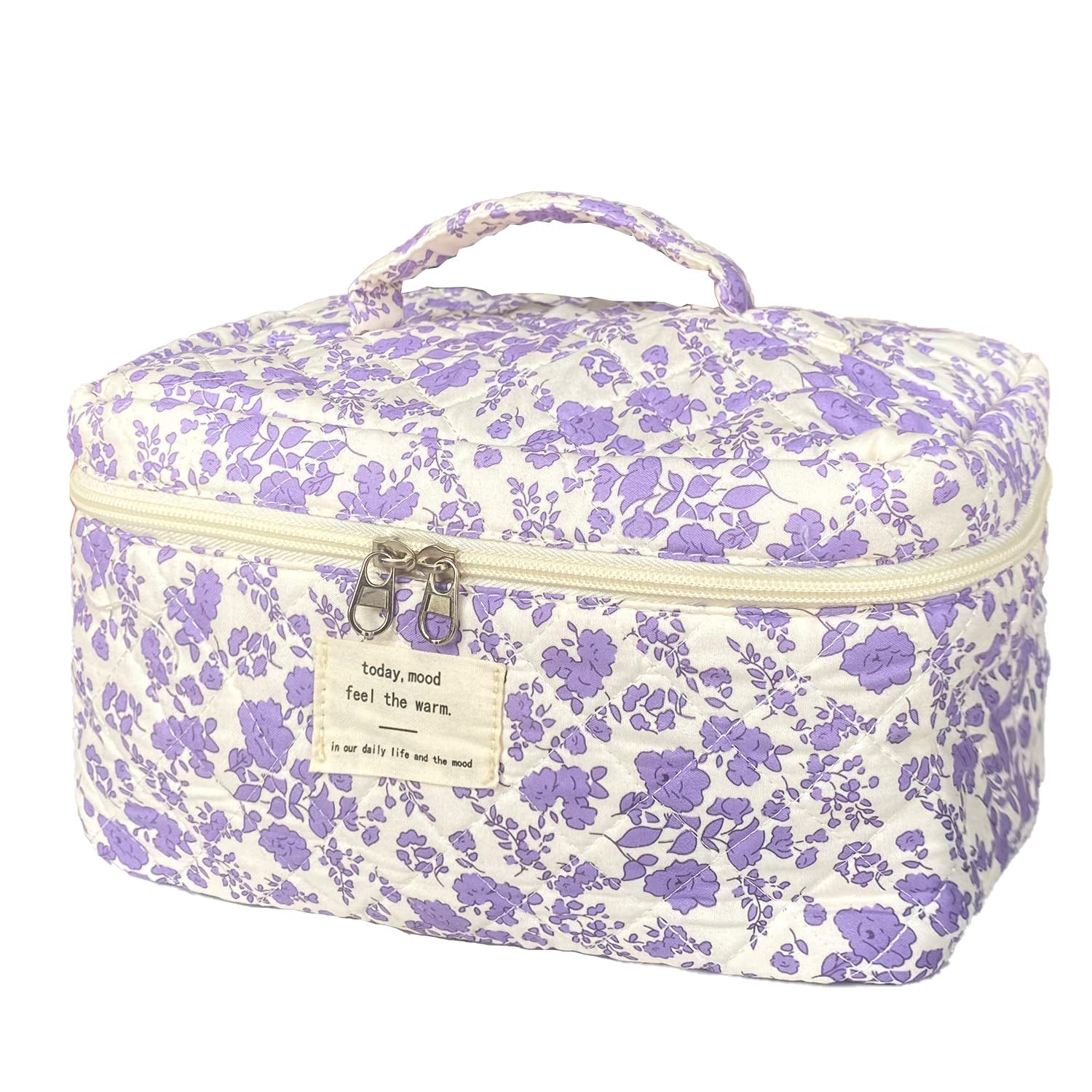 WYJ purple large quilted floral makeup bag front view showing organized cosmetics for travel