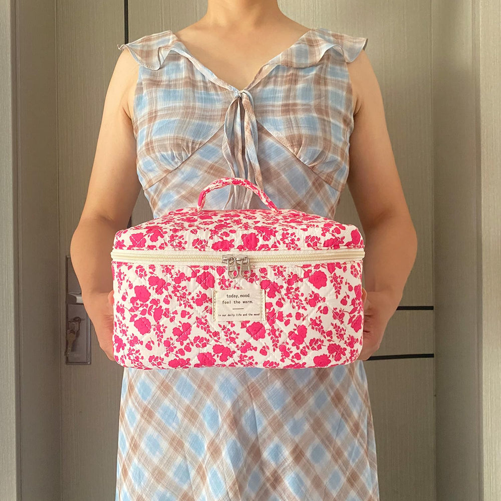 WYJ Rose Red large quilted makeup bag, folded for portable handbag compatibility.