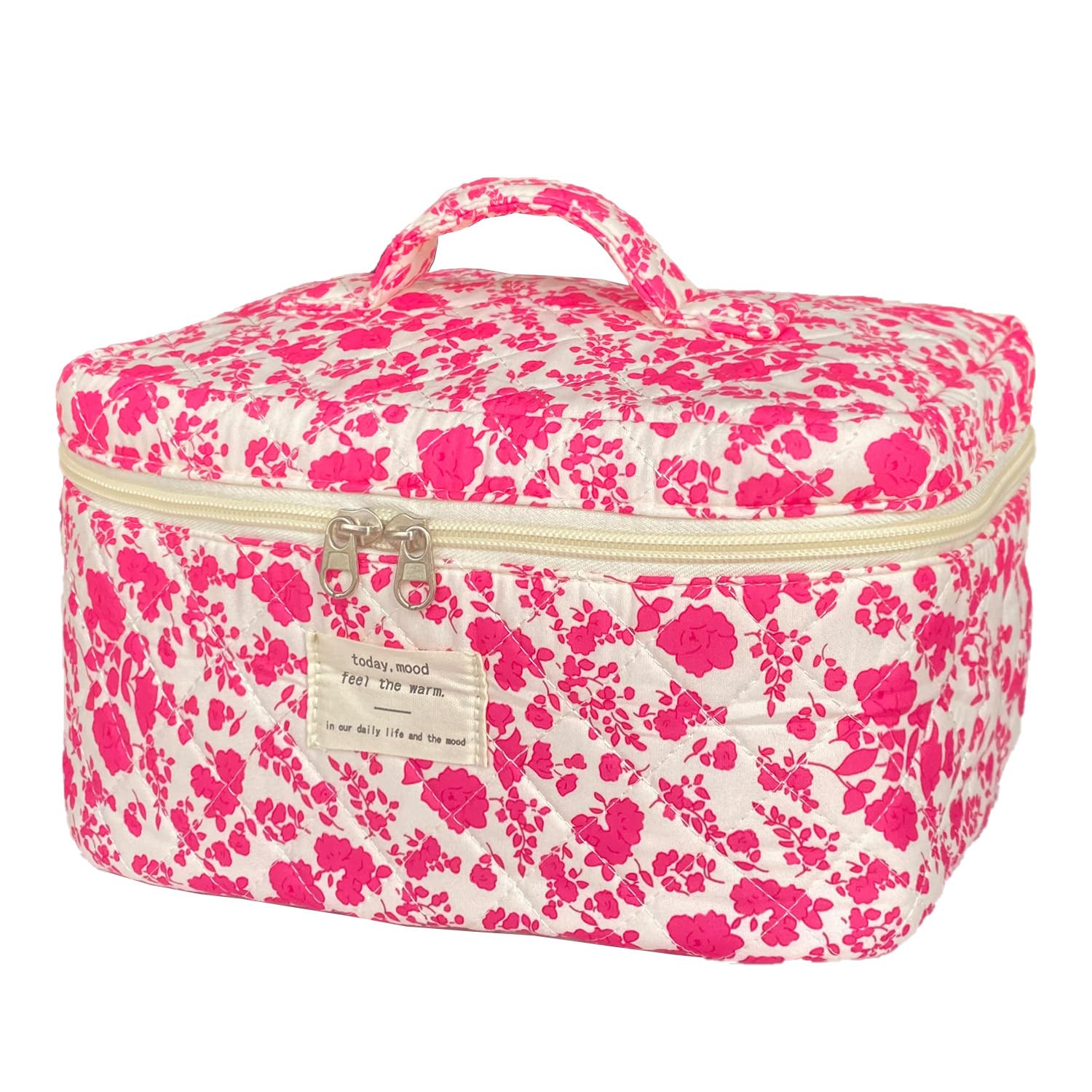 WYJ Rose Red large quilted makeup bag, front view, spacious organizer for cosmetics.