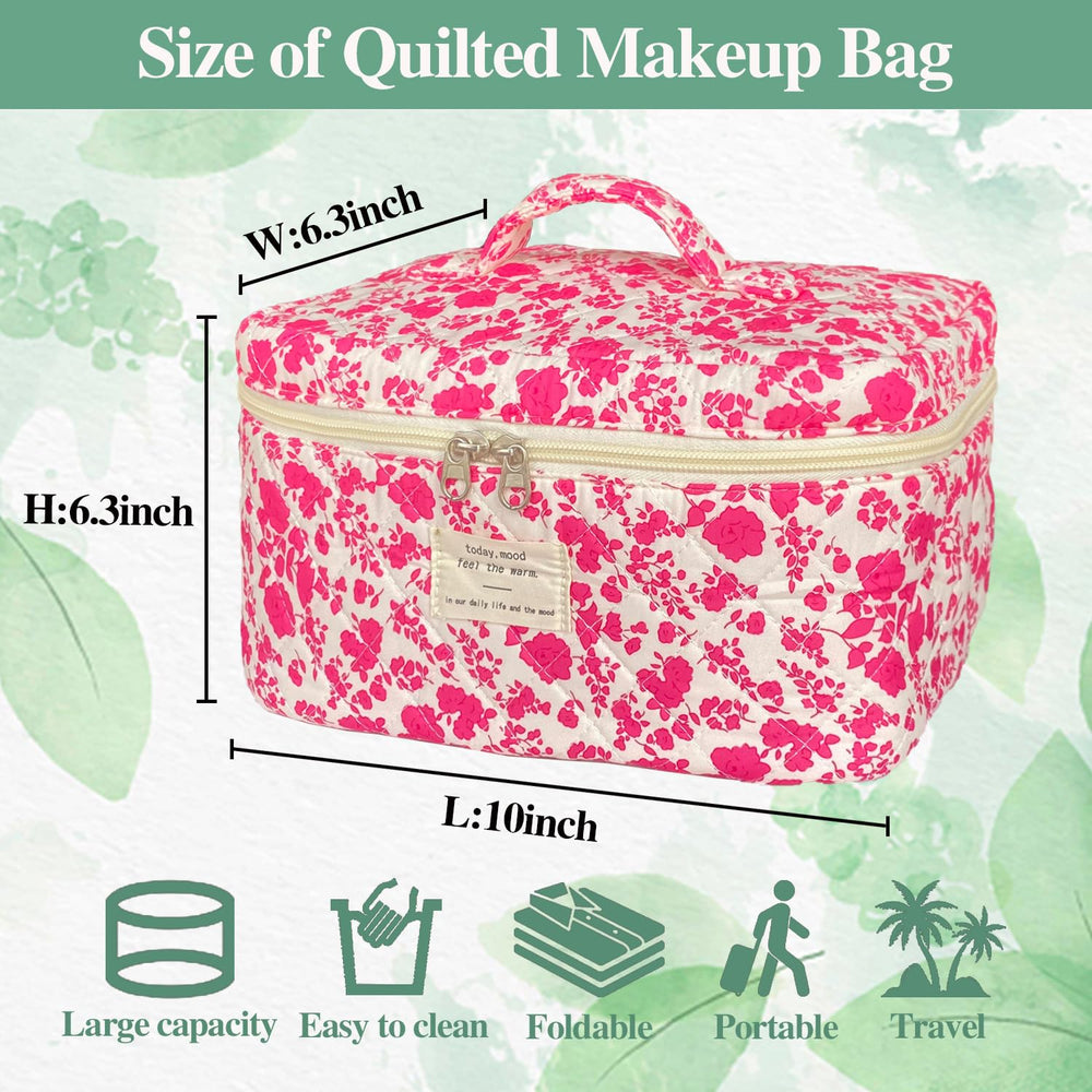 WYJ Rose Red large quilted makeup bag, open top with organized compartments.