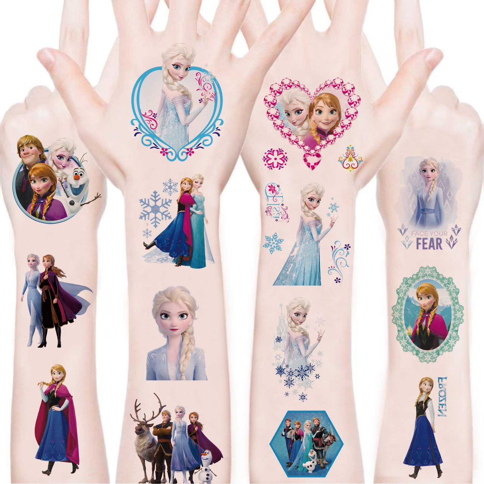 WYKDAG tatuajes temporales Disney Frozen; 100 hojas, ideal para fiestas y decoraciones.