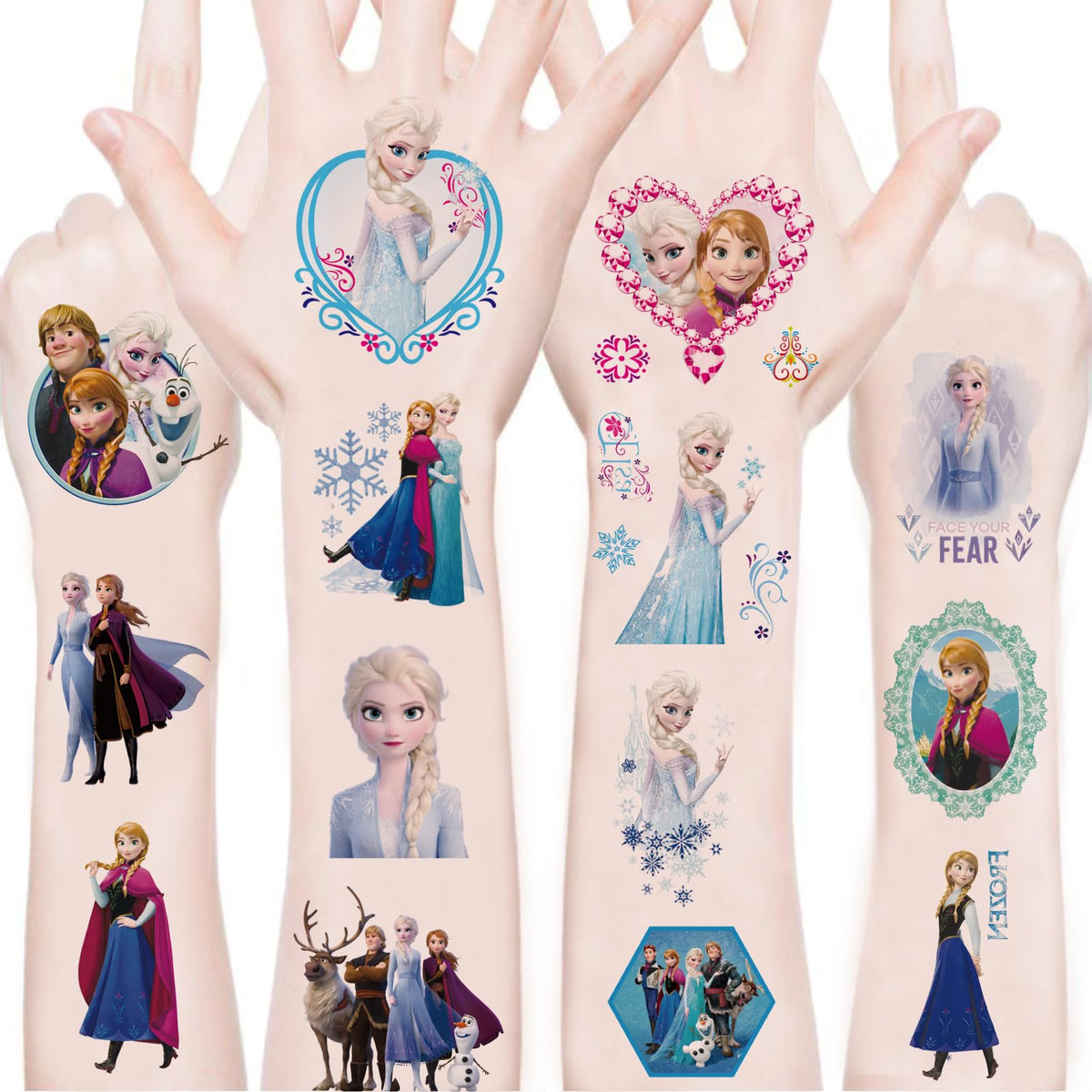 WYKDAG tatuajes temporales Disney Frozen; 100 hojas, ideal para fiestas y decoraciones.