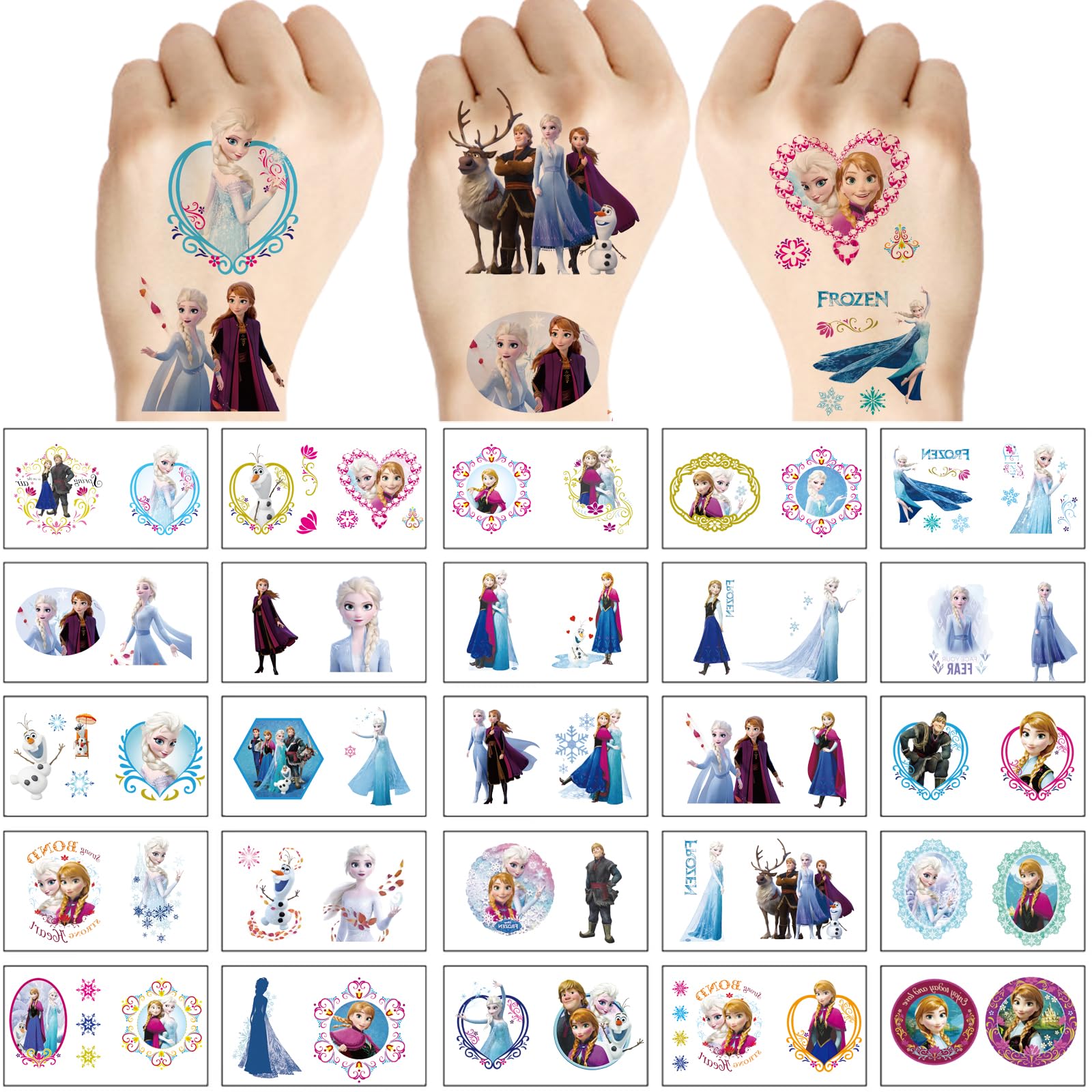 WYKDAG tatuajes temporales Frozen; diseños detallados para entretener a niños.