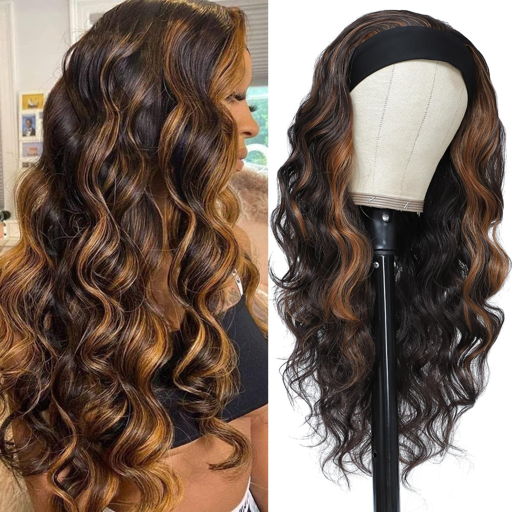 xccoco long wavy headband wig in black with brown-blonde highlight for everyday wear