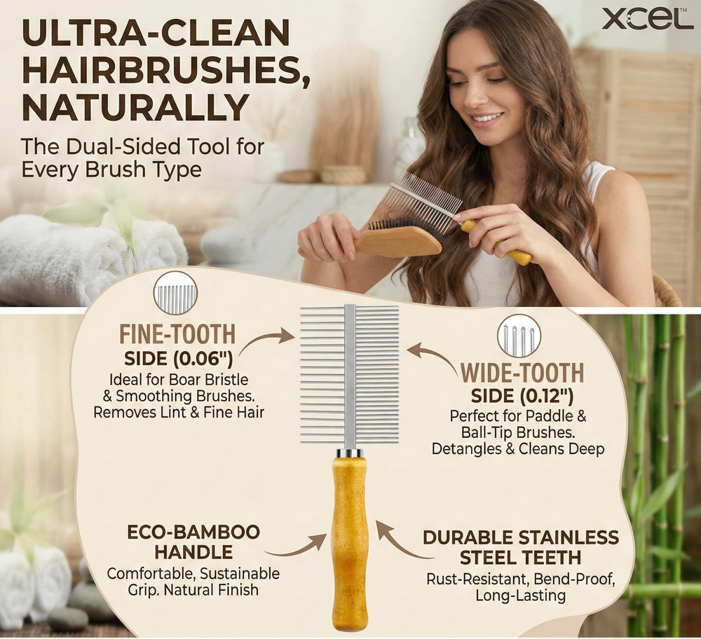 XCEL cleaner tool cleans cushion brushes to lift trapped debris