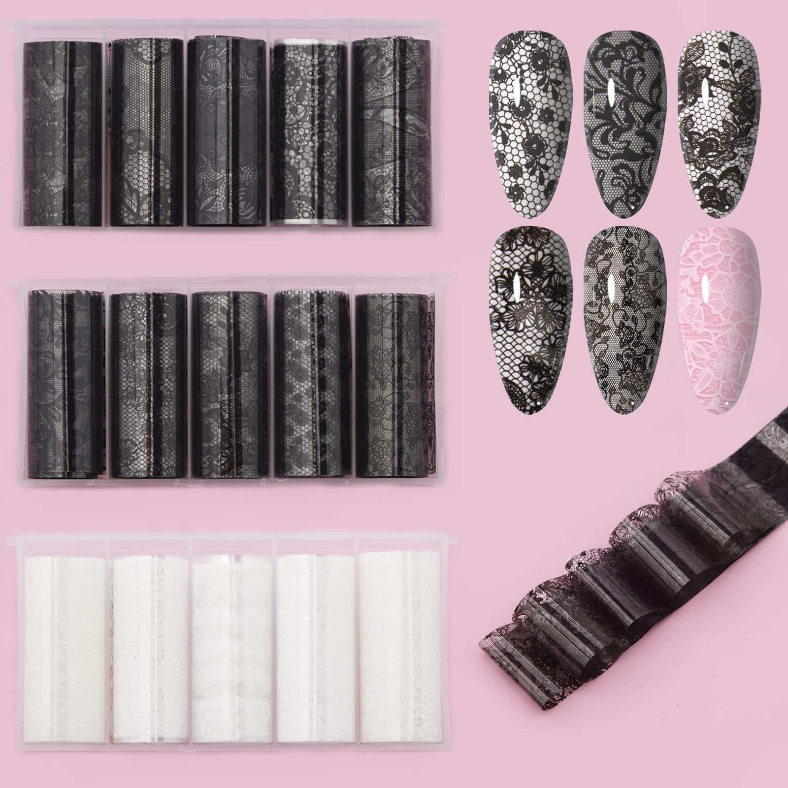 XEAOHESY black white lace nail foil roll for elegant floral accents.