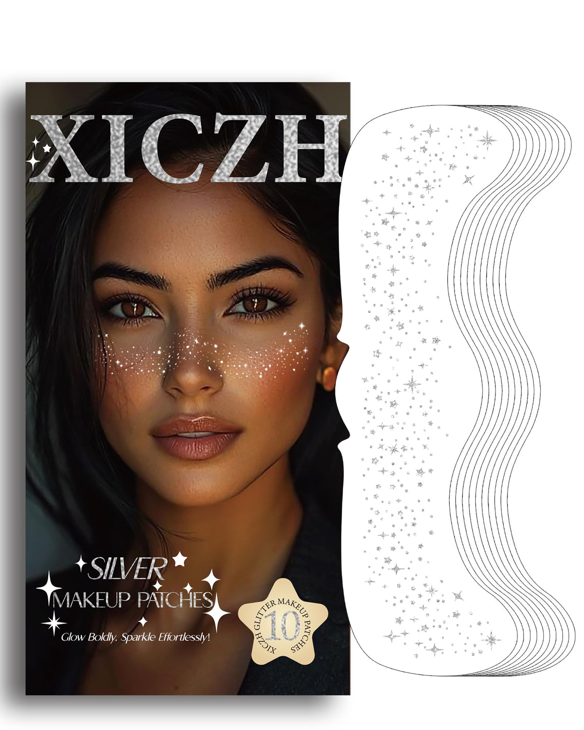 XICZH parches de brillo para la cara, realzan pómulos con destellos plateados.